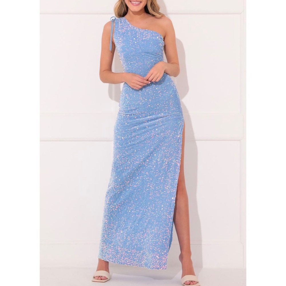 Lucy In the Sky Oliviara One Shoulder Sequin Maxi Dress In Baby Blue